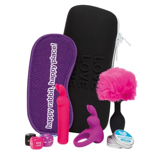 Happy Rabbit Set 7 jucării Couple’s Pleasure Kit pentru jocuri erotice cu vibrator bullet și inel pentru penis geantă de călătorie inclusă
