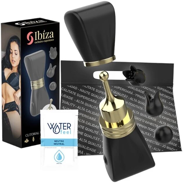 IBIZA Stimulator clitoris Clitorial Stimulator în formă de fundă cu 3 huse interschimbabile 10 funcții de vibrație negru cu auriu