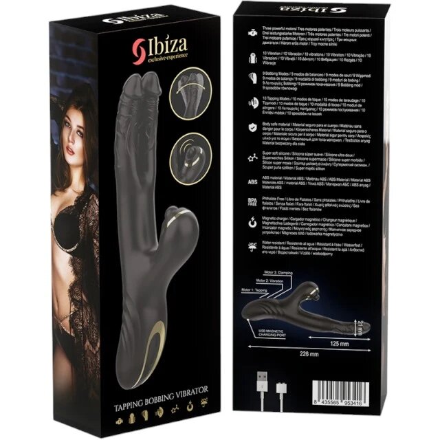IBIZA Vibrator rabbit dublu Two Dragons din silicon hipoalergenic 10 funcții de vibrație 10 funcții de tapping negru