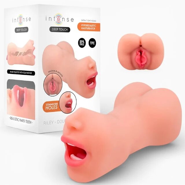 INTENSE Masturbator manual Riley Double texturat pentru simulare orală și vaginală realistă culoarea pielii din TPE 19 cm