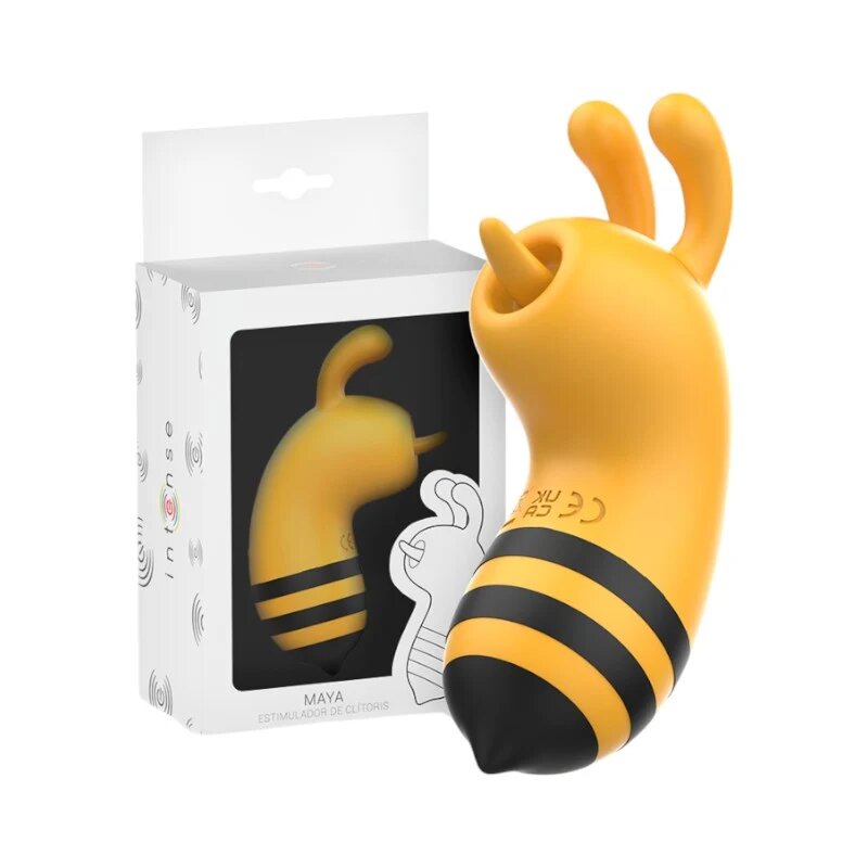 INTENSE Stimulator clitoris MAYA in forma de albinuta cu functii de vibratie si silentioase rezistent la apa IPX7 galben si negru
