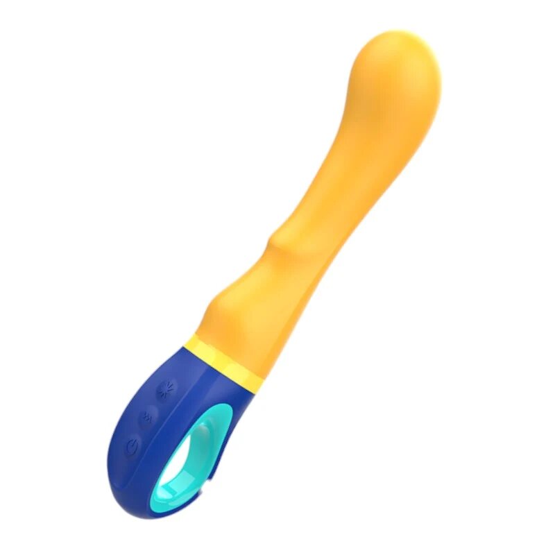 INTENSE Vibrator SHAGGY design curbat pentru stimularea punctului G rezistent la apă lungime inserabilă 12.7 cm galben cu albastru