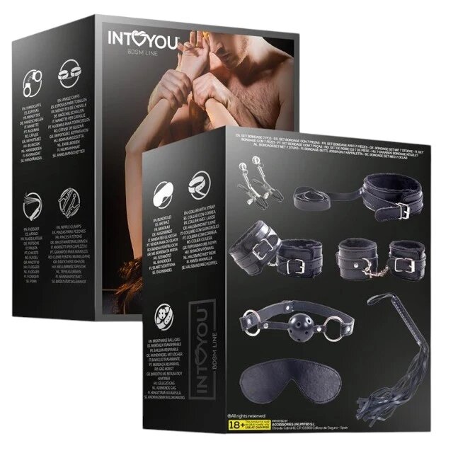 INTOYOU Set 7 accesorii bondage BDSM Line cu cătușe zgardă căluș bici și mască de ochi cleme sfârcuri negru