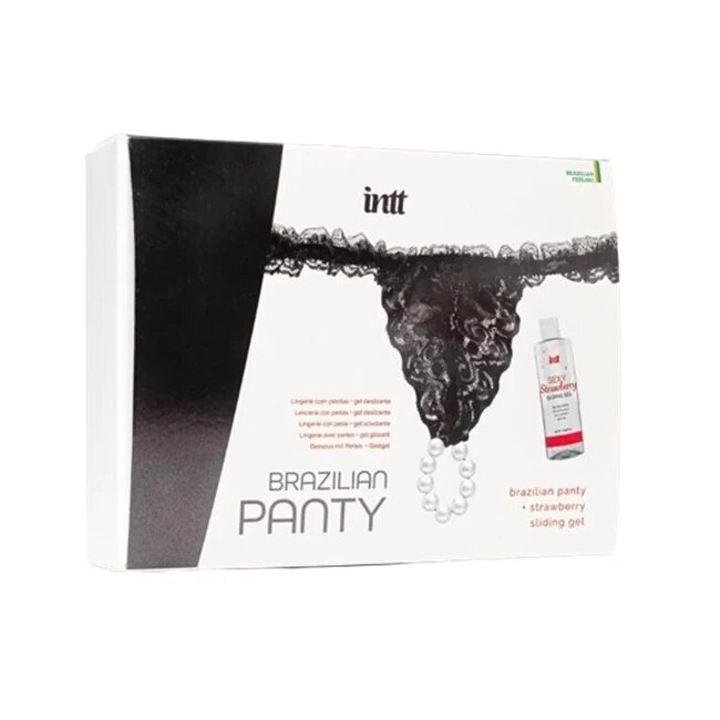 INTT Brazilian Panty Black cu inel de Perle stimulatoare și Lubrifiant cu aromă de căpșuni 50ml