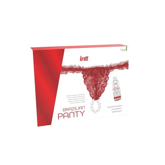 INTT Brazilian Panty Red cu inel de Perle stimulatoare și Lubrifiant cu aromă de căpșuni 50ml
