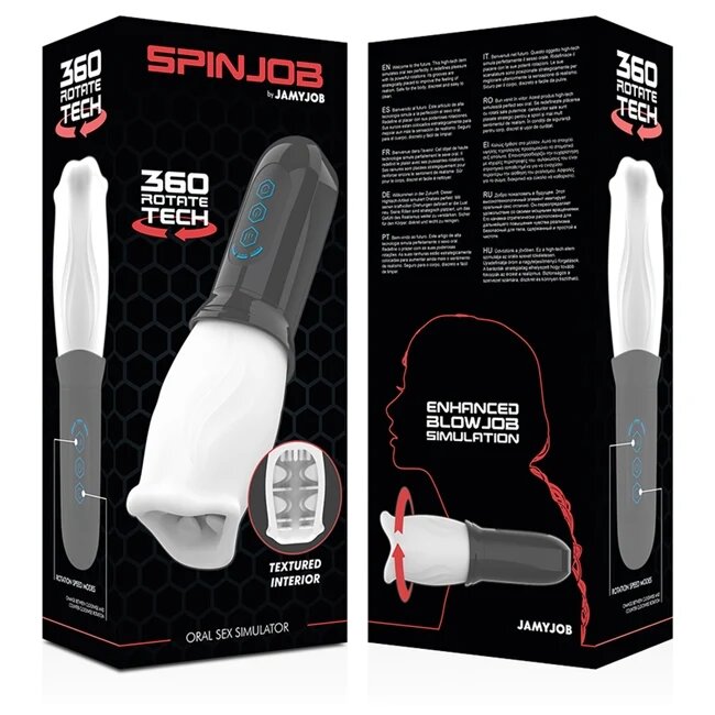 JAMYJOB Masturbator automat Spinjob cu 3 funcții de rotație 360° interior texturat pentru simulare sex oral negru cu alb