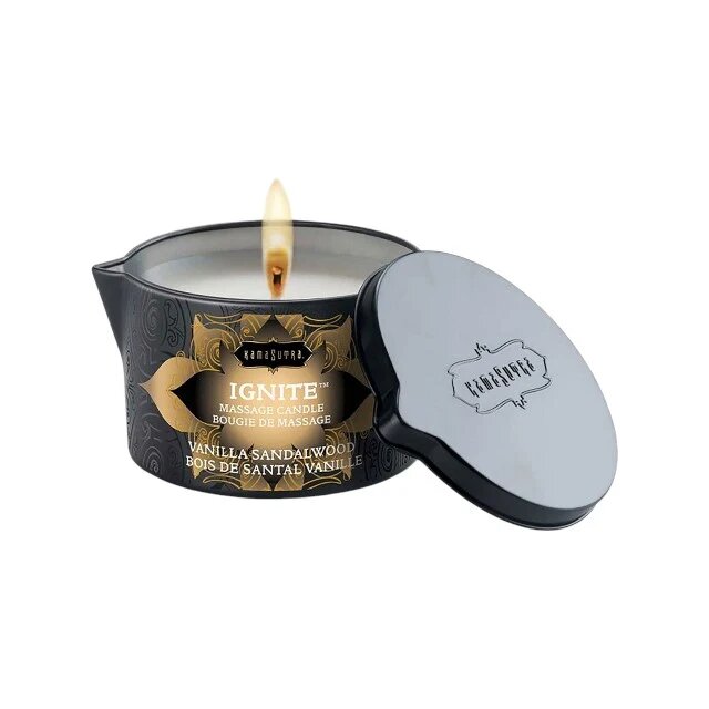 KAMASUTRA Lumânare pentru masaj Ignite Vanilla Sandalwood cu unt de shea aromă de vanilie și lemn de santal 170 gr