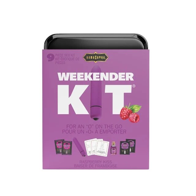 KAMASUTRA Set Weekender Kit Raspberry Kiss cu vibrator bullet ulei de masaj cărți de joc cu poziții sexuale și lubrifiant (zmeură)