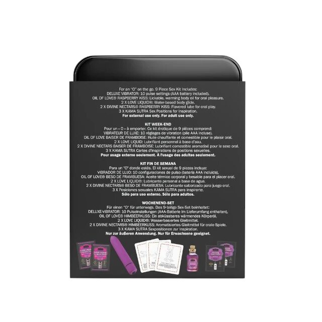 KAMASUTRA Set Weekender Kit Raspberry Kiss cu vibrator bullet ulei de masaj cărți de joc cu poziții sexuale și lubrifiant (zmeură)