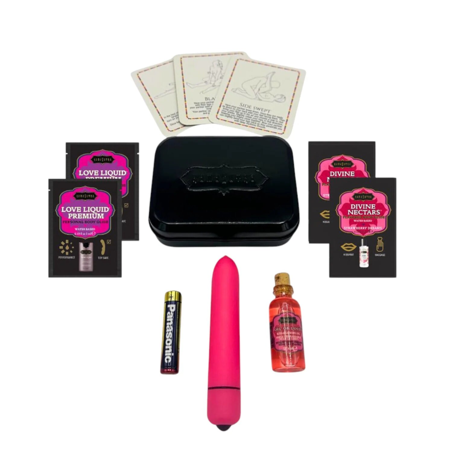 KAMASUTRA Set Weekender Kit Strawberry Dreams cu vibrator bullet ulei de masaj cărți de joc cu poziții sexuale și lubrifiant (căpșuni)