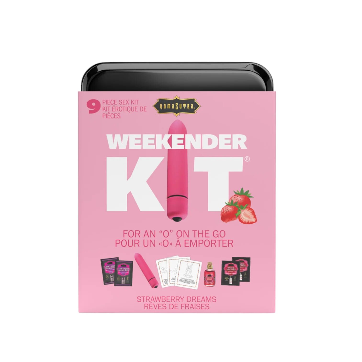 KAMASUTRA Set Weekender Kit Strawberry Dreams cu vibrator bullet ulei de masaj cărți de joc cu poziții sexuale și lubrifiant (căpșuni)