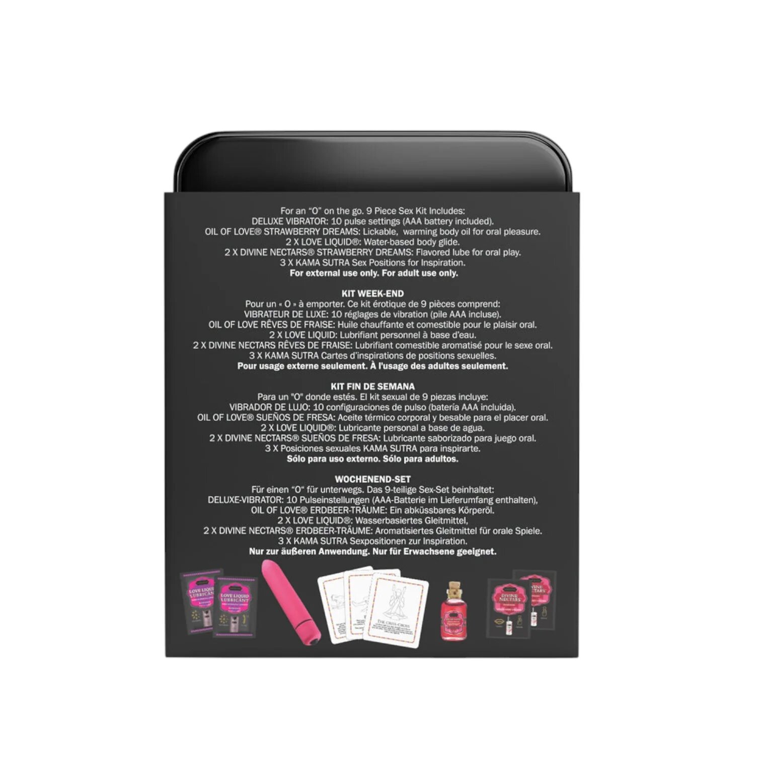 KAMASUTRA Set Weekender Kit Strawberry Dreams cu vibrator bullet ulei de masaj cărți de joc cu poziții sexuale și lubrifiant (căpșuni)