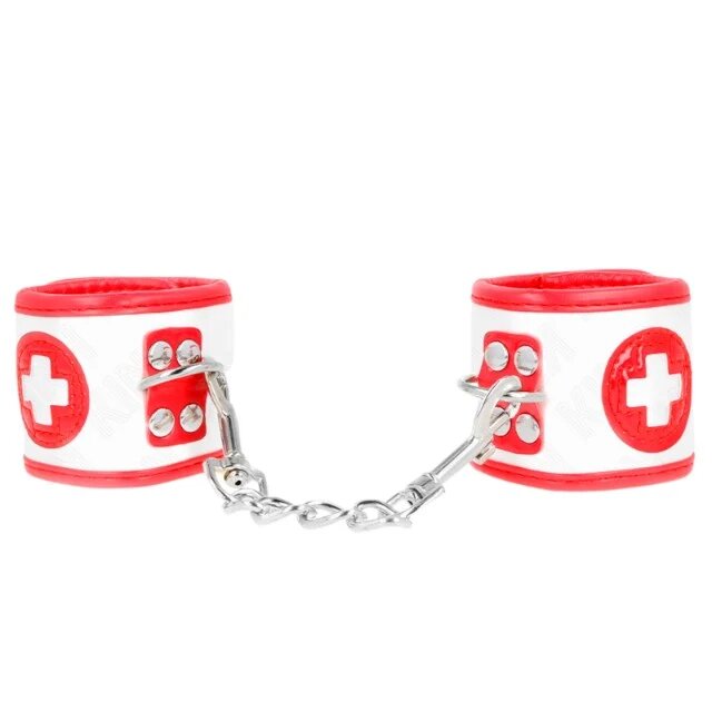 KINK Cătușe sexy asistentă Mini Nurse Wrist Restraints pentru jocuri erotice mărime ajustabilă culoare alb cu roșu