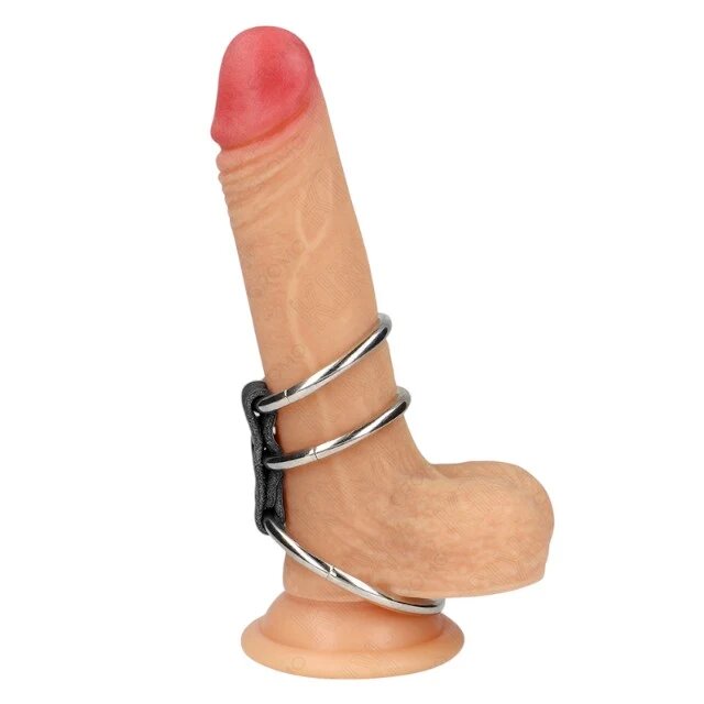 KINK Inel pentru penis Triple Metal Penis Ring din piele cu 3 inele de metal pentru jocuri erotice și BDSM 3.7 - 5 cm argintiu cu negru