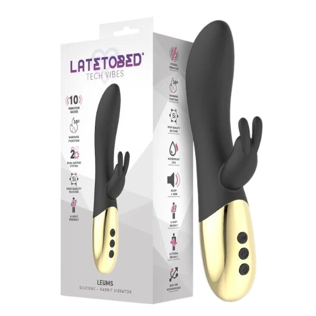 LATE TO BED Vibrator LATETOBED Leums Silicone Rabbit cu stimulator dublu funcție de încălzire 10 funcții de vibrație negru cu auriu