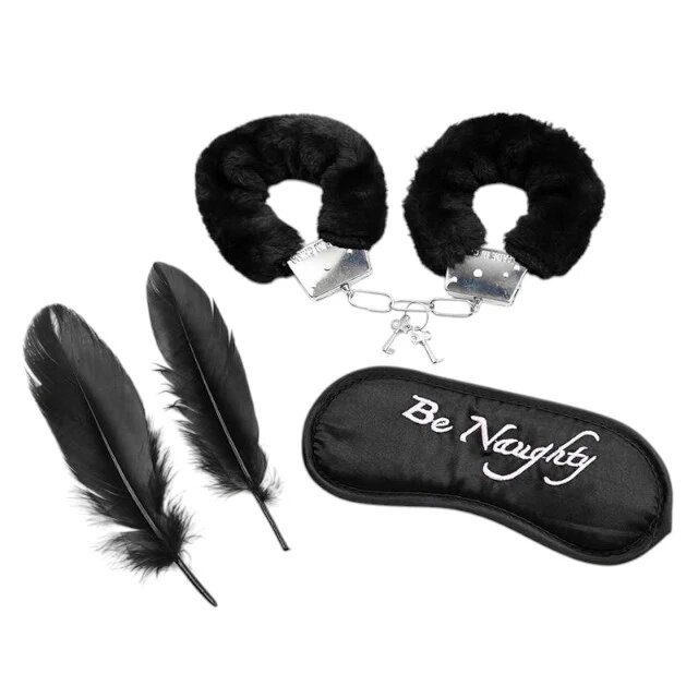 LATE TO BED Set 3 accesorii bondage BDSM Line catușe pufoase mască din satin "Be Naughty" pene pentru stimulare senzorială negru