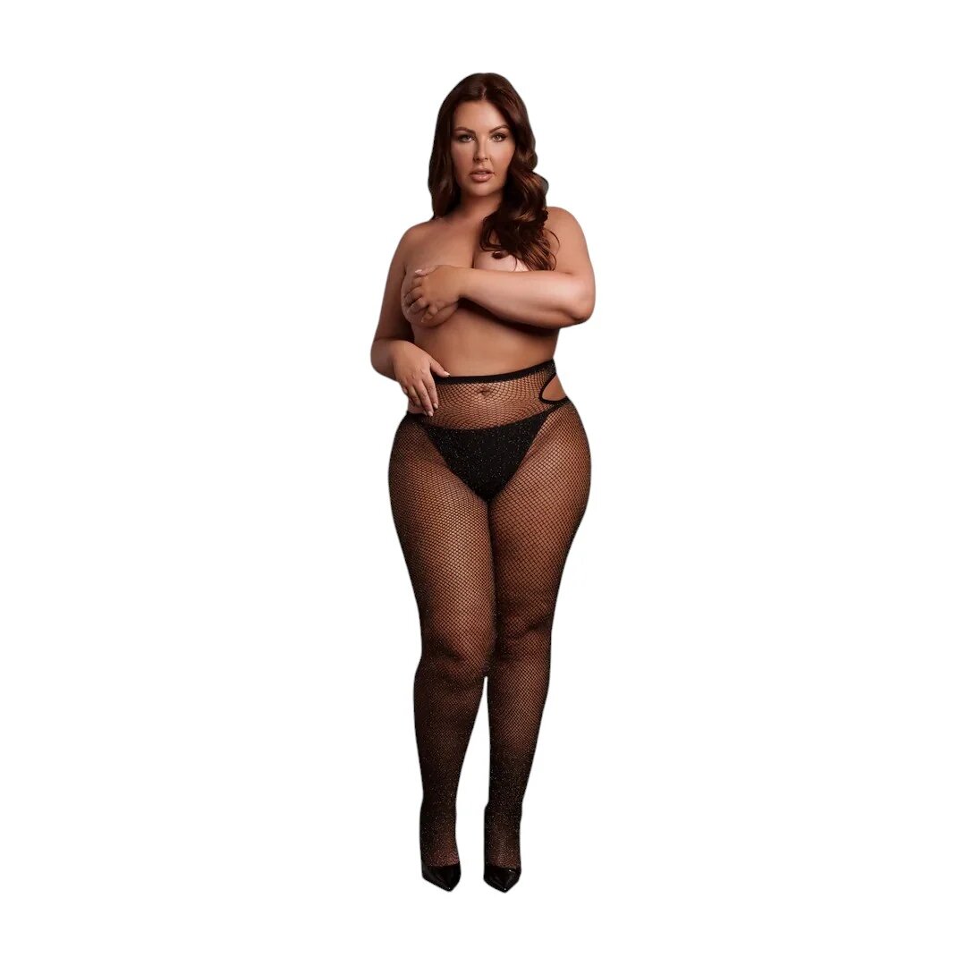 LE DESIR BY SHOTS Dresuri tip plasă LE DÉSIR BY SHOTS Shimmering Cut-Out Thights design cu decupaje pe șolduri și sclipi auriu culoarea negru mărime plus-size model C0820