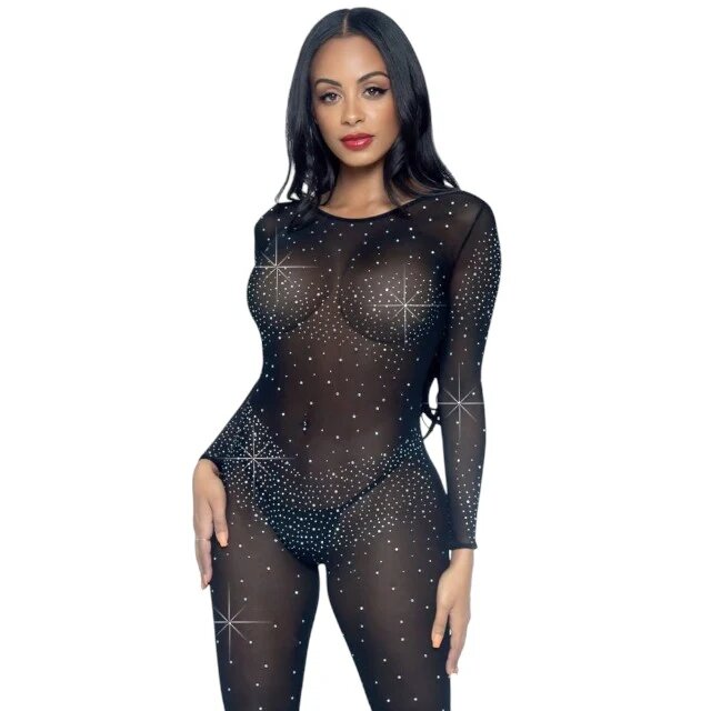 Leg Avenue Costum sexy Sheer Rhinestone Catsuit din plasă cu strasuri cu spate decoltat negru mărime M (85636)