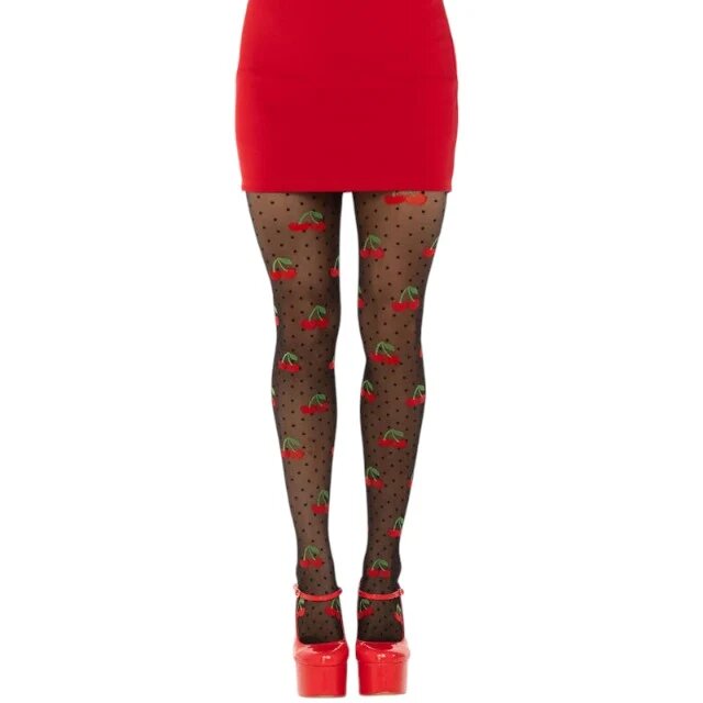 Leg Avenue Dresuri Cherry Mole Stockings design cu buline și cireșe roșii culoare negru mărime universală