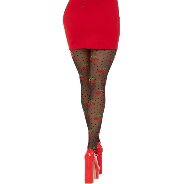 Leg Avenue Dresuri Cherry Mole Stockings design cu buline și cireșe roșii culoare negru mărime universală
