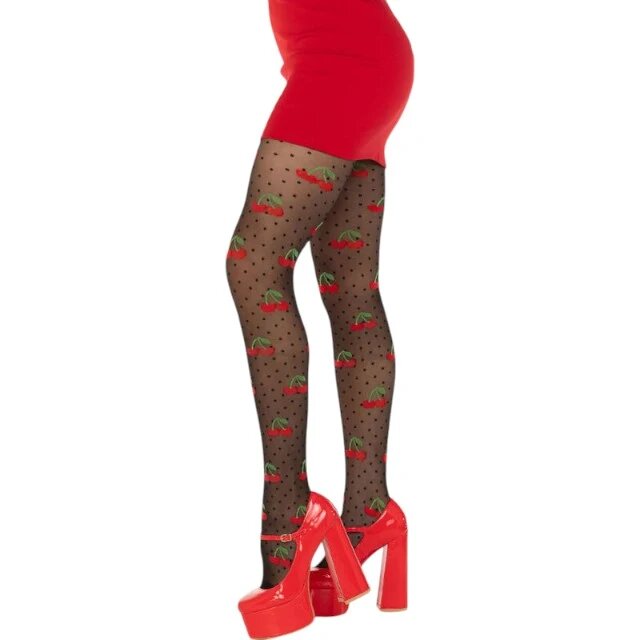 Leg Avenue Dresuri Cherry Mole Stockings design cu buline și cireșe roșii culoare negru mărime universală