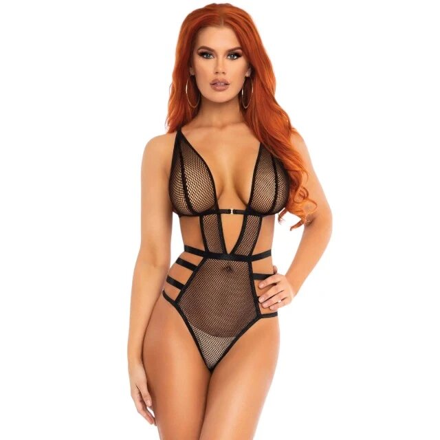 Leg Avenue Lenjerie sexy Teddy design erotic cu plasă și bretele subțiri negru mărime S / M (model 89258)