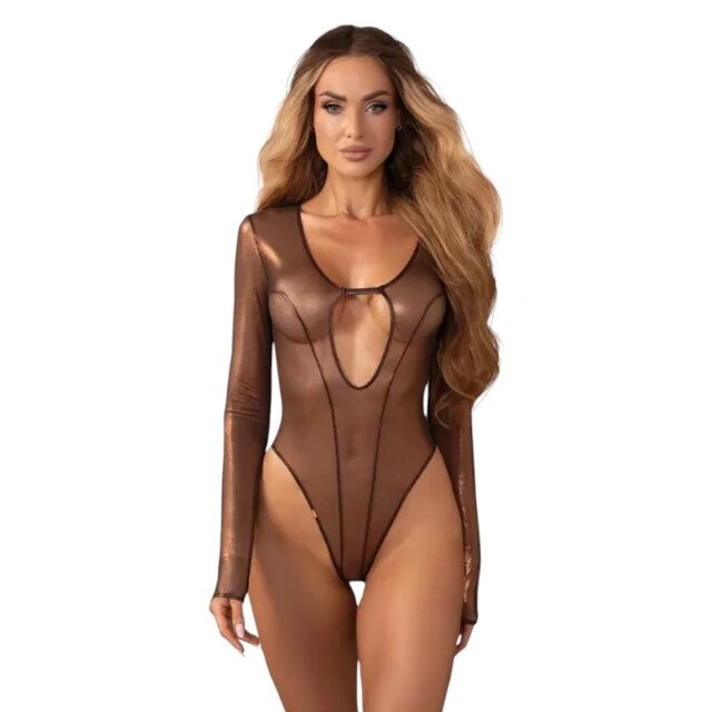  Lenjerie sexy teddy OBSESSIVE Soranna body erotic mulat din plasă reflexe aurii transparent mărime S/M
