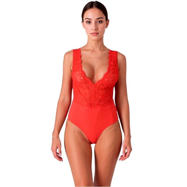  Lenjerie sexy teddy PASSION Evalie body erotic mulat cu dantelă și spatele gol mărime S/M culoare roșu