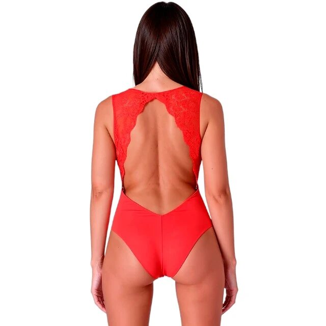  Lenjerie sexy teddy PASSION Evalie body erotic mulat cu dantelă și spatele gol mărime S/M culoare roșu