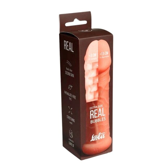 LOLA GAMES Manșon pentru extensia penisului LOLA Real Bubbles +3 cm în lungime +1.5 cm în grosime culoarea pielii