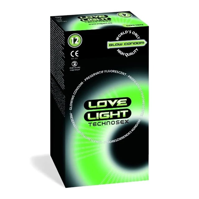 LOVE LIGHT Prezervative TECHNOSEX Glow din latex lubrifiate fosforescente diametru 52 mm 12 buc
