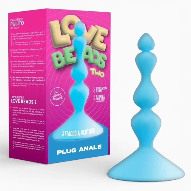 Love Match Bile anale Love Beads Two diametru crescător din silicon medical bază cu ventuză culoare albastru