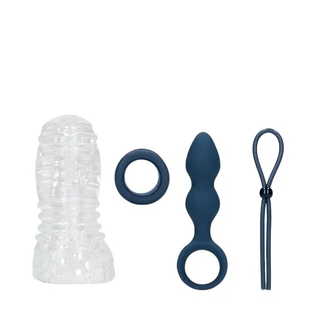 Loveline Set (S)Explore Toy Kit For Him cutie cadou cu inel de penis plug anal masturbator și curea pentru testicule albastru