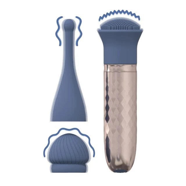 Loveline Vibrator The Thrill cu 3 capete interschimbabile din silicon premium 10 funcții de vibrație culoare albastru