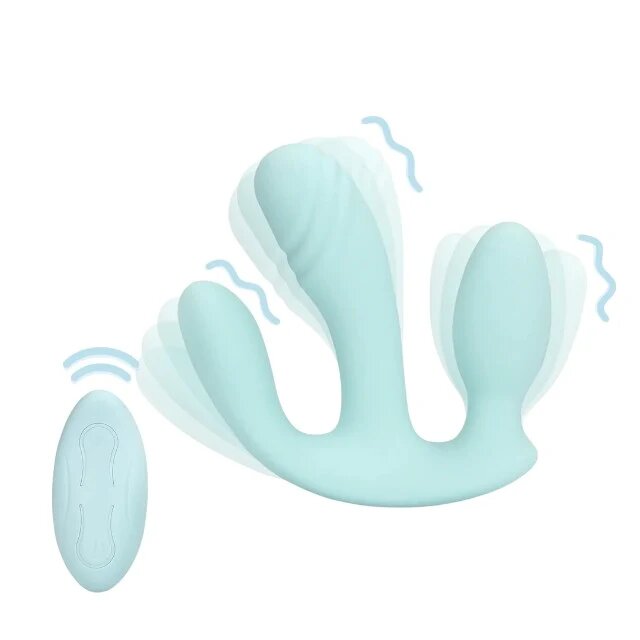 Loveline Vibrator triplu Three-In-One Liquid Silicone Vibrator control prin telecomandă 10 funcții de vibrație albastru