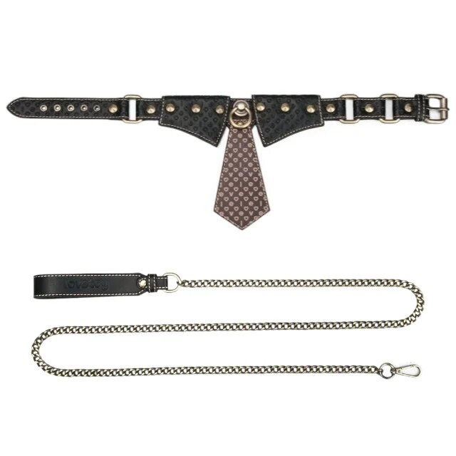 LoveToy Choker Rebellion Knot Tie Collar lesă BDSM din piele artificială cu cravată și lanț auriu mărime ajustabilă negru cu maro