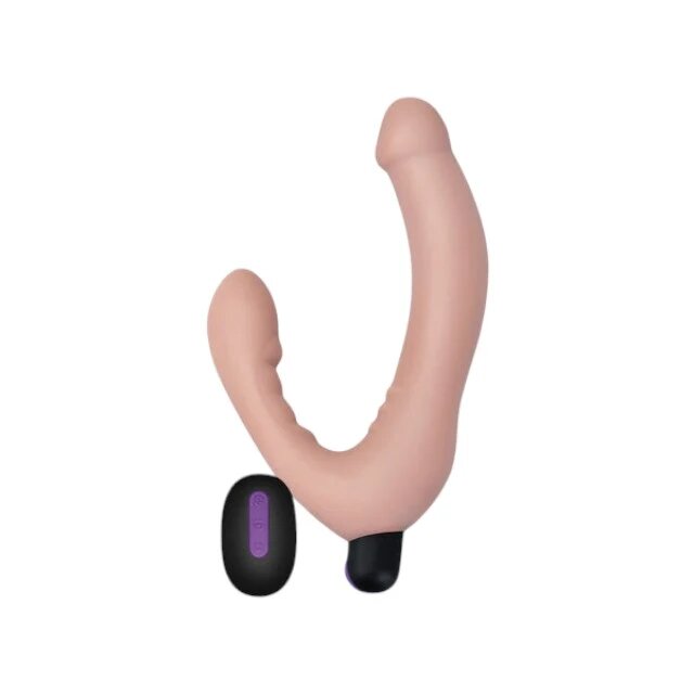 LoveToy Dildo dublu Joy Strapless strap-on fără ham vibrator bullet inclus cu telecomandă 10 funcții de vibrație culoarea pielii