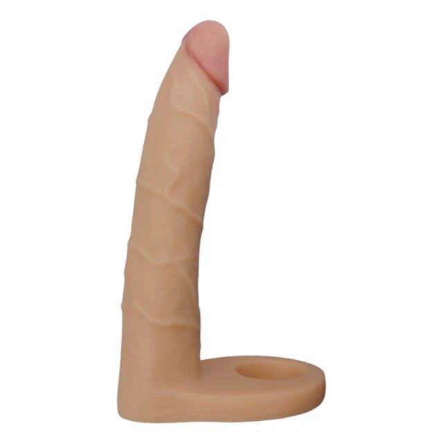 LoveToy Inel pentru penis cu dildo Ultra Soft Double pentru dublă penetrare lungime 17.8 cm culoarea pielii