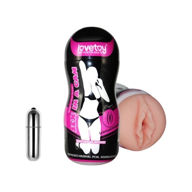 LoveToy Masturbator Sex In A Can pentru simulare vaginală realistă cu vibrator bullet inclus negru cu roz