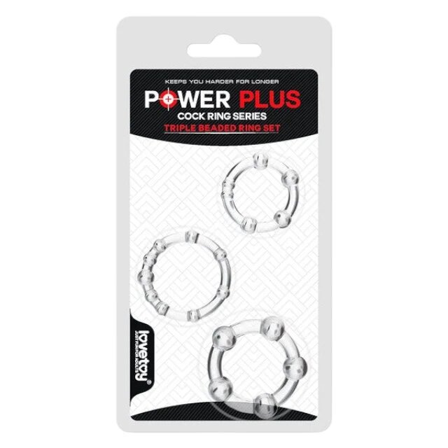 LoveToy Set 3 inele pentru penis Power Plus texturate cu sfere de diverse mărimi din TPE transparente diametru 2 cm