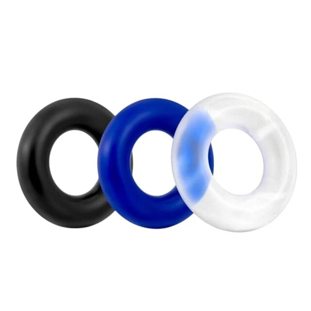 LoveToy Set 3 inele pentru penis Power Plus Triple Donut Ring Set din TPE diametru 1.8 cm culori albastru alb și negru
