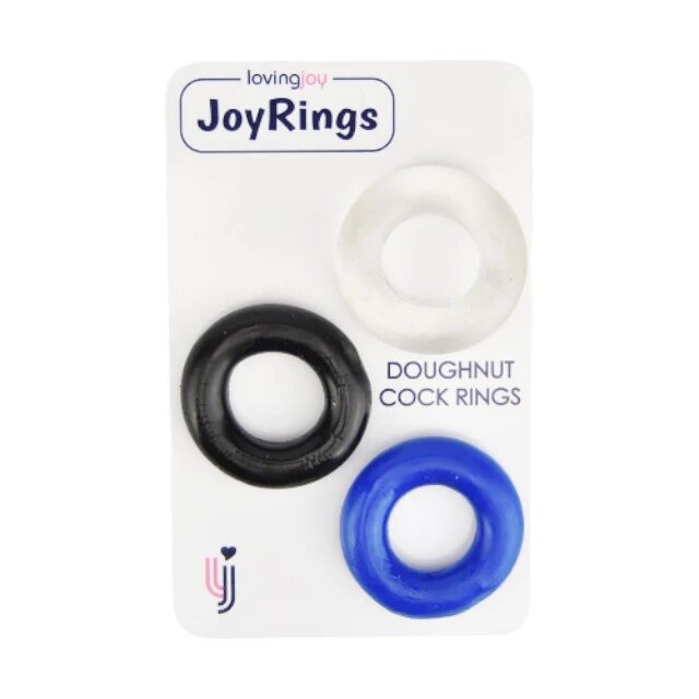 LOVING JOY Set 3 inele pentru penis Doughnut Cock Rings din TPR diametru 1.6 cm culori albastru alb și negru