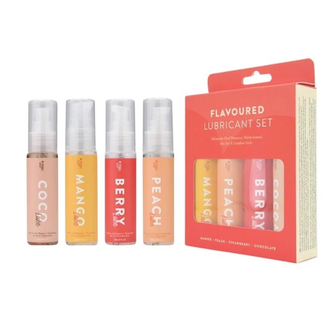 LOVING JOY Set 4 lubrifianți pe bază de apă Flavoured diverse arome hidratant fără zahăr compatibil cu jucării intime și prezervative 4 x 30 ml