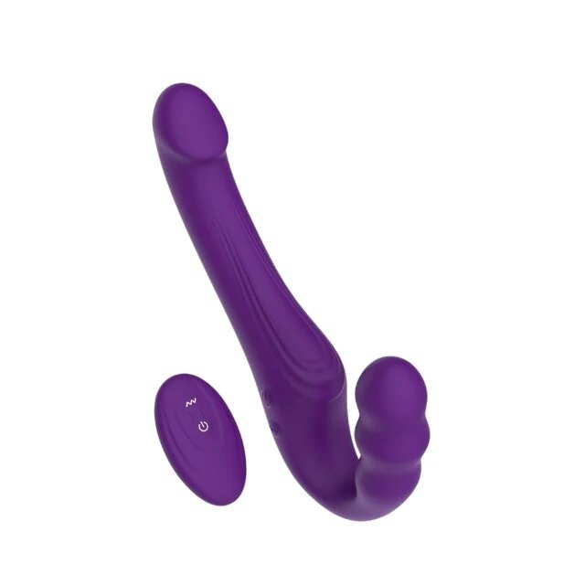 LOVING JOY Vibrator dublu MINA Echo Remote strap-on fără ham control prin telecomandă 10 funcții de vibrație 24 cm mov