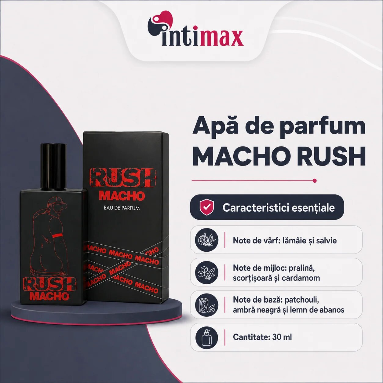 MACHO Apă de parfum RUSH pentru bărbați cu note de lămâie salvie și ambră neagră 30 ml