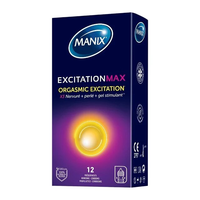 MANIX Prezervative Excitation Max din latex lubrifiate texturate și rezistente cu efect de încălzire diametru 53 mm 12 buc