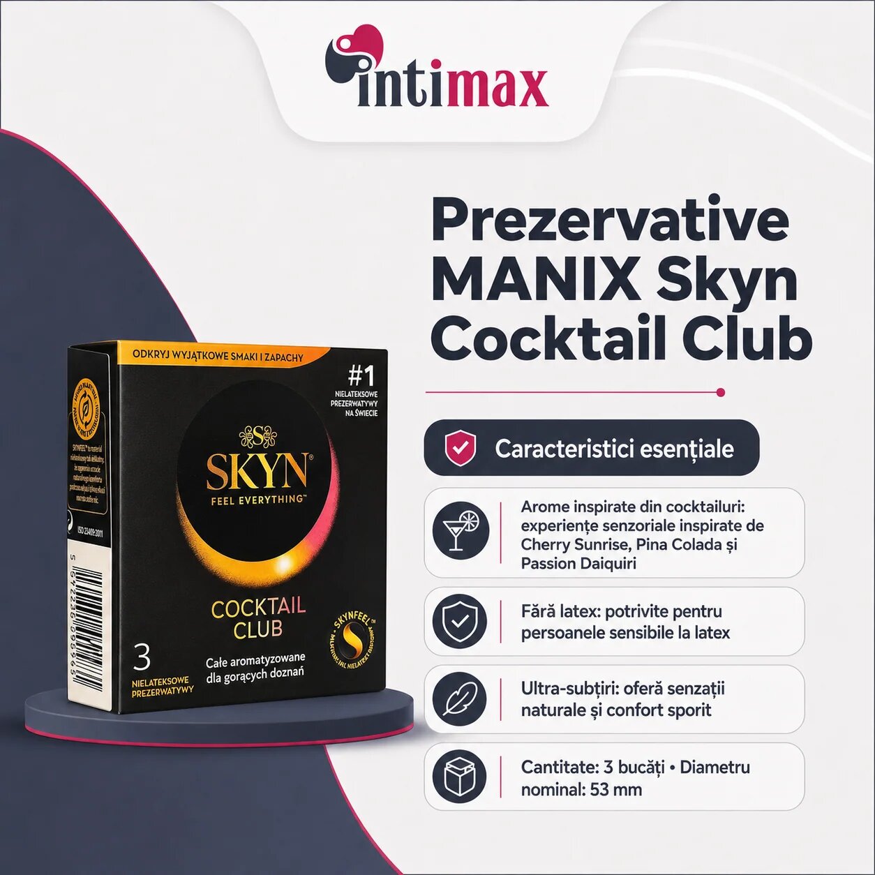 MANIX Prezervative Skyn Cocktail Club aromate fără latex ultra-subțiri și rezistente diametru 53 mm 3 bucăți