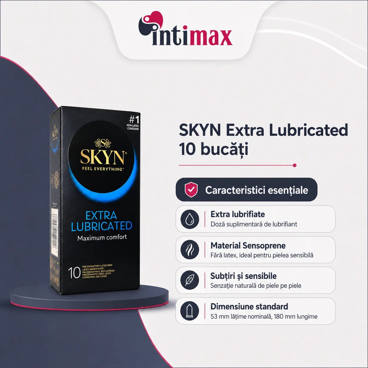 MANIX Prezervative Skyn Extra Lube fără latex extra-lubrifiate subțiri și rezistente diametru 53 mm 10 bucăți