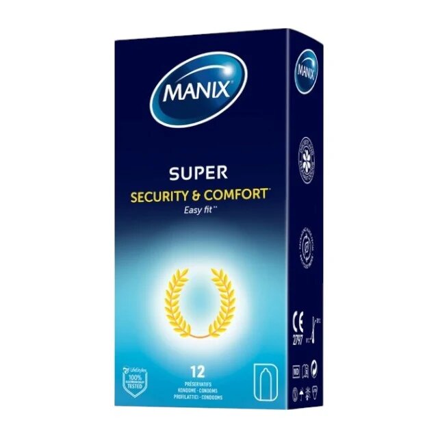MANIX Prezervative Super din latex lubrifiate confortabile și rezistente diametru 52 mm 12 bucăți