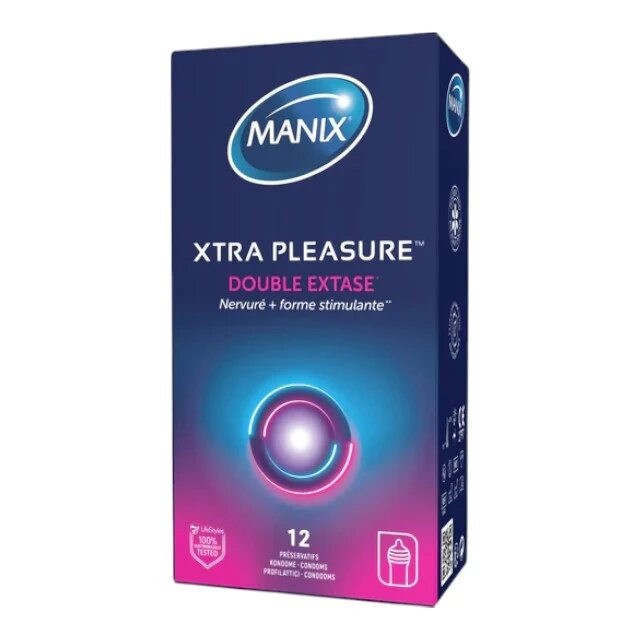 MANIX Prezervative Xtra Pleasure - Double Extase din latex texturate și lubrifiate diametru 52 mm aromă de vanilie 12 buc